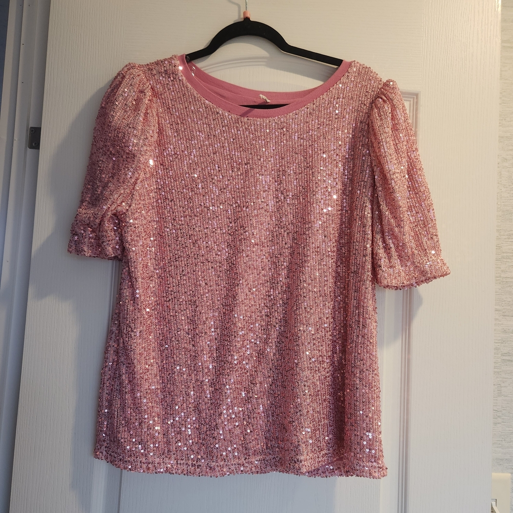 Kori Pink Sequin Blouse Size L Euc